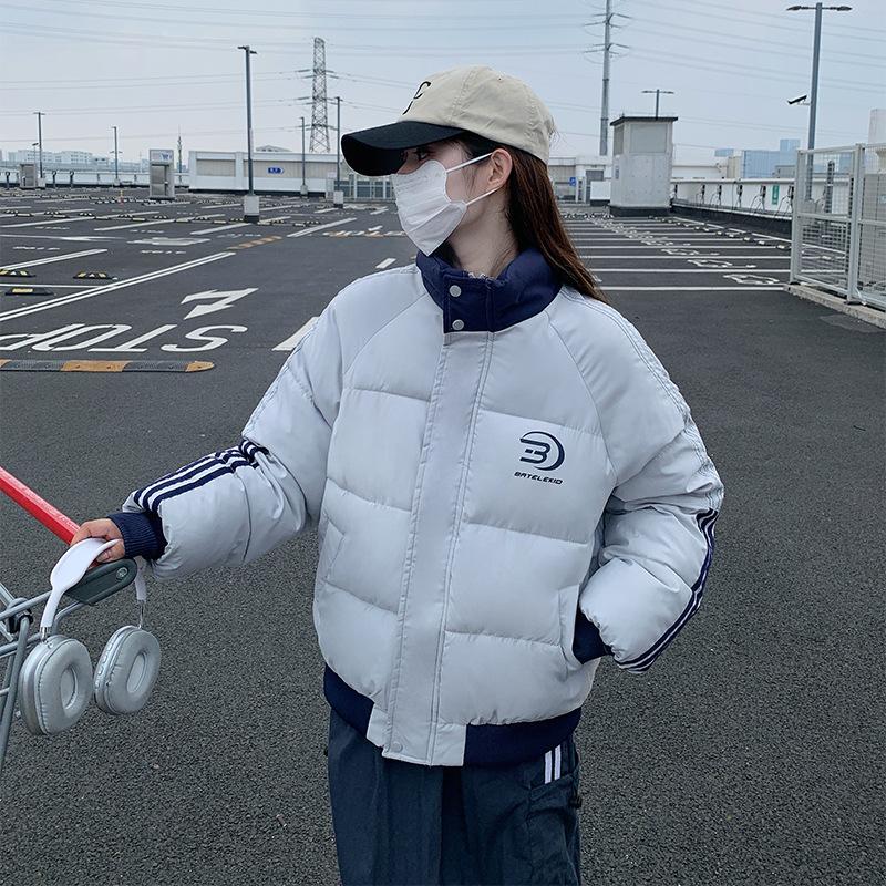 Korean Style Three-bar Stripes On The Side, Contrasting Color, Stand-up Collar, Cotton-padded Jacket, Winter New Thickened Cotton-padded Jacket Top