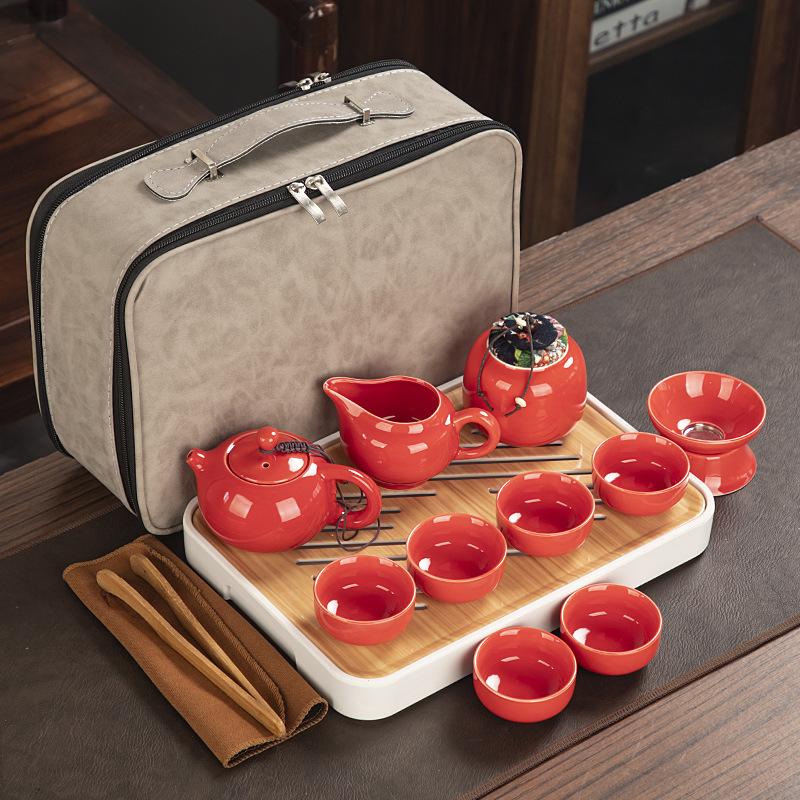 Travel ceramic Kung Fu tea set, tea tray, a full set of portable storage bags, practical business gifts for customers