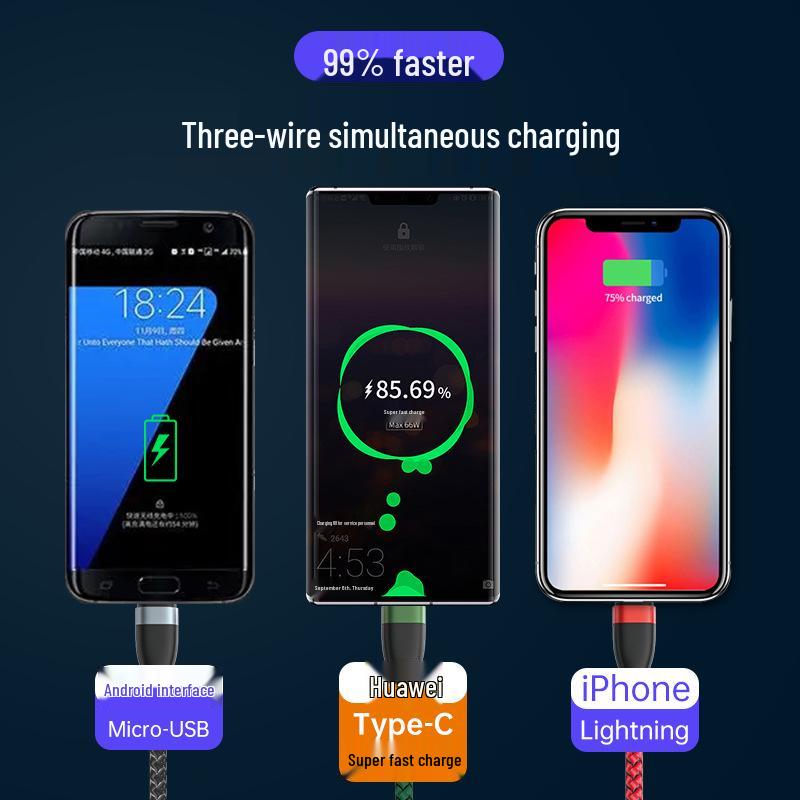 3-in-1 66W Fast Charging Cable for Apple/Android, 6A Aluminum Alloy Braided.