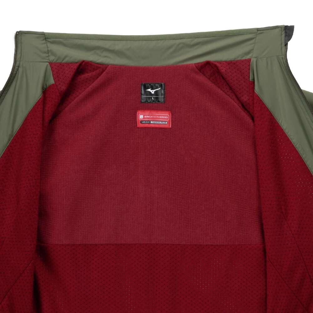 Mizuno Breath Thermo Warmer Training Dark Khaki Jacket, Moisture-Wicking, Heat-Generating, Water-Repellent, Windproof, Brushed, 32MEB541, Men's,