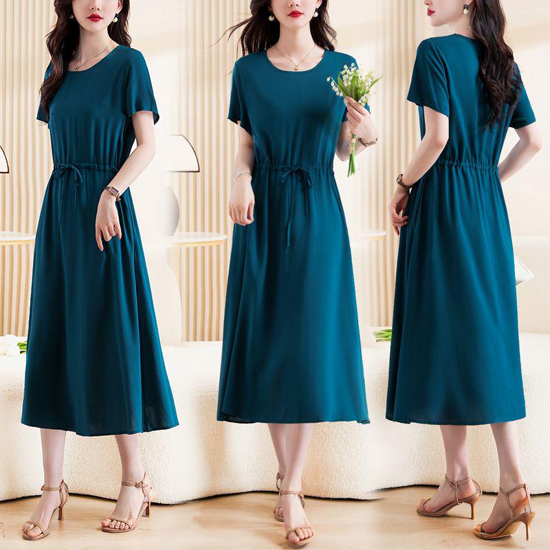 Fashionable Cotton Silk Plus Size Dress with Pockets for Middle-Aged and Elderly Women