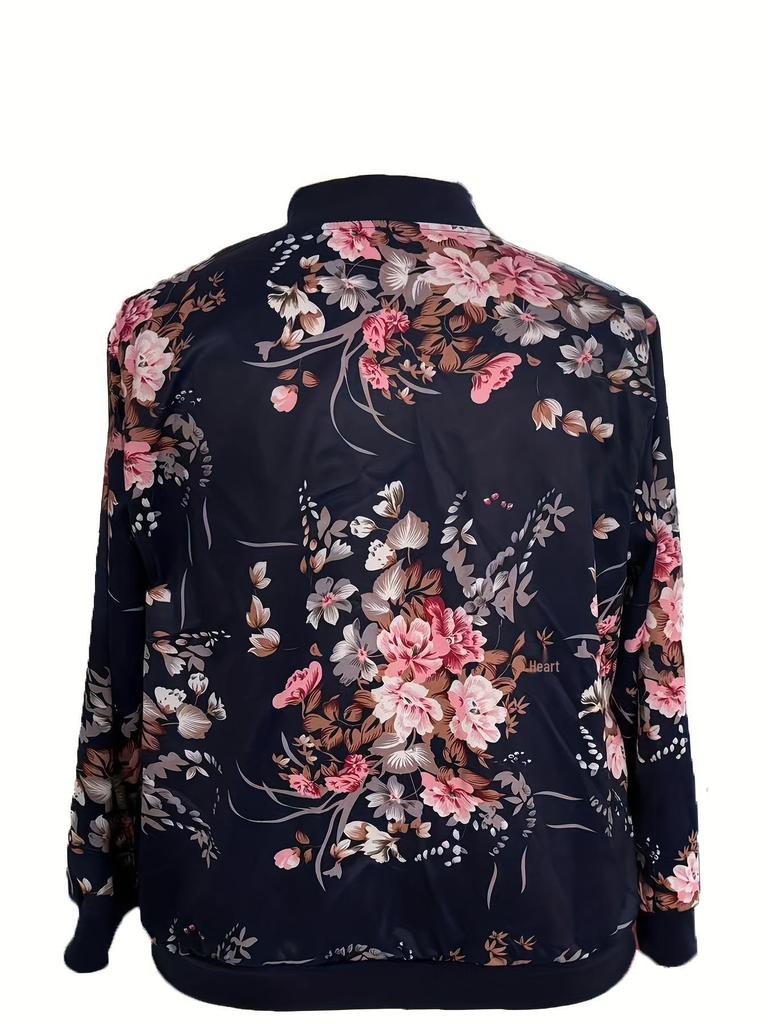 Elegant Floral Zippered Long Sleeve Baseball Collar Jacket - Plus Size for Autumn & Winter