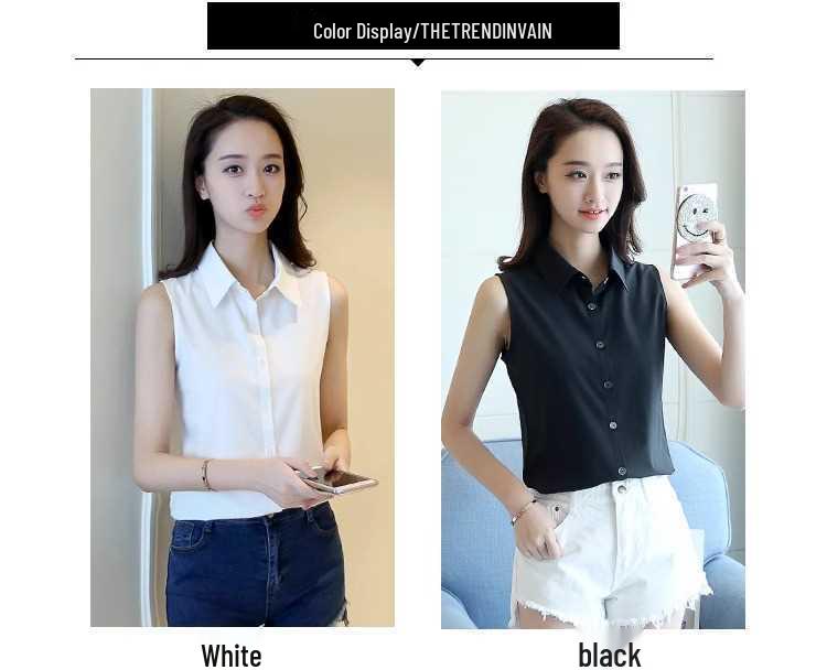 Dámská bílá košile bez rukávů slim fit s klopami ve velkých velikostech - Všestranná a jednoduchá základní košile pro OL