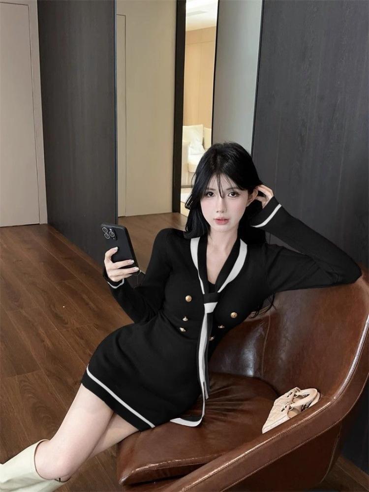 France Autumn Sexy Knit One Piece Dress Women V-neck Elegant Y2k Slim Dresses Female Korean Fashion Party Sweater Dress Winter