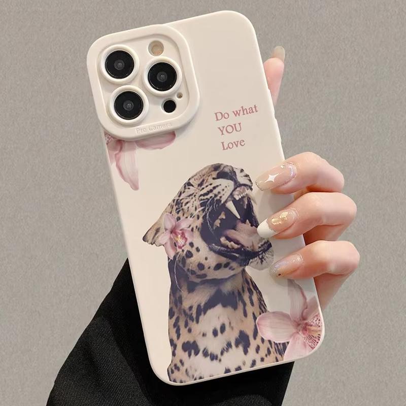 Floral Pattern Tiger And Leopard Painted Phone Case For iPhone 16 Pro Max 16E 13 12 11 14 Pro 15 Plus Mini X XR XS Max Cover