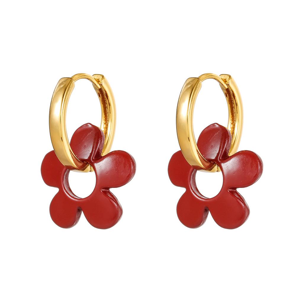 Temperament Ankola Red Drop Glaze Flower Stud Earrings Light Luxury Design