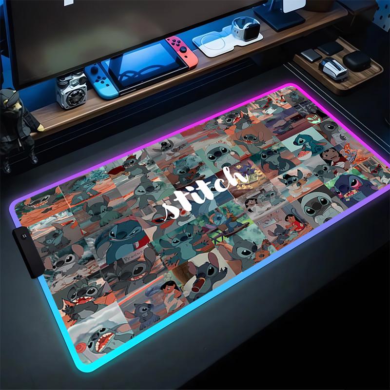 RGB Stitch Luminous Mouse Pad PC Kawaii Anime Colorful Mousepad XXL Gamer Cabinet Keyboard Rug Laptop Gaming Extended Desk Mat