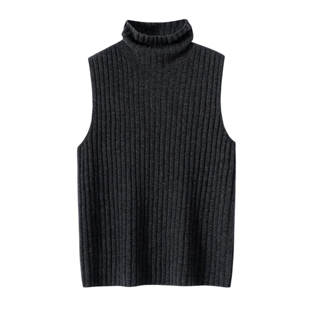 Women's 100% Pure Cashmere Striped Sleeveless Slim-Fit Turtleneck Vest