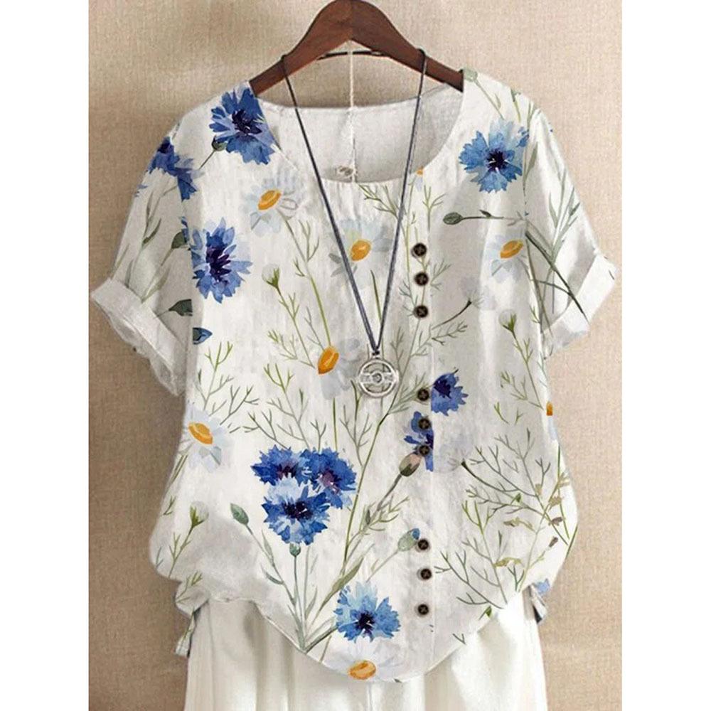 Cotton and Linen Women's Clothing Summer and Autumn Retro Casual Loose Cotton and Linen Short Sleeved T-shirt Cotton and Linen Women's Clothing Large