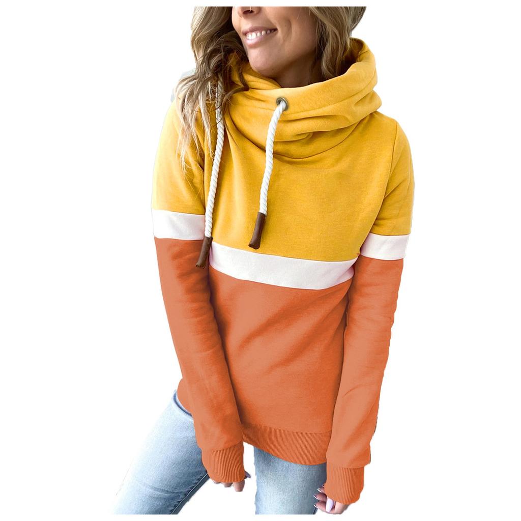 Fashion Womens Loose  Casual Hooded Drawstring Stitching Collision Color Long Sleeve Sweater
