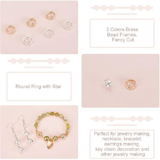 PH PandaHall 28 Round Beaded Frame,Gold and Silver Spacer Beads Round Frame Pendant Brass Bead Frame with Star Double Hole Bead Pendant for Jewelry