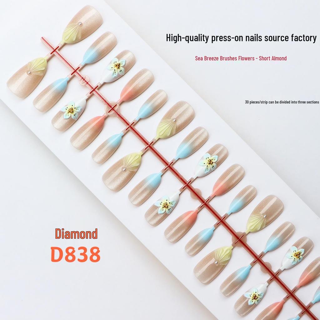 Gradient Blue 3D Floral Wearable Nails: Spring/Summer Cat Eye Whitening Manicure