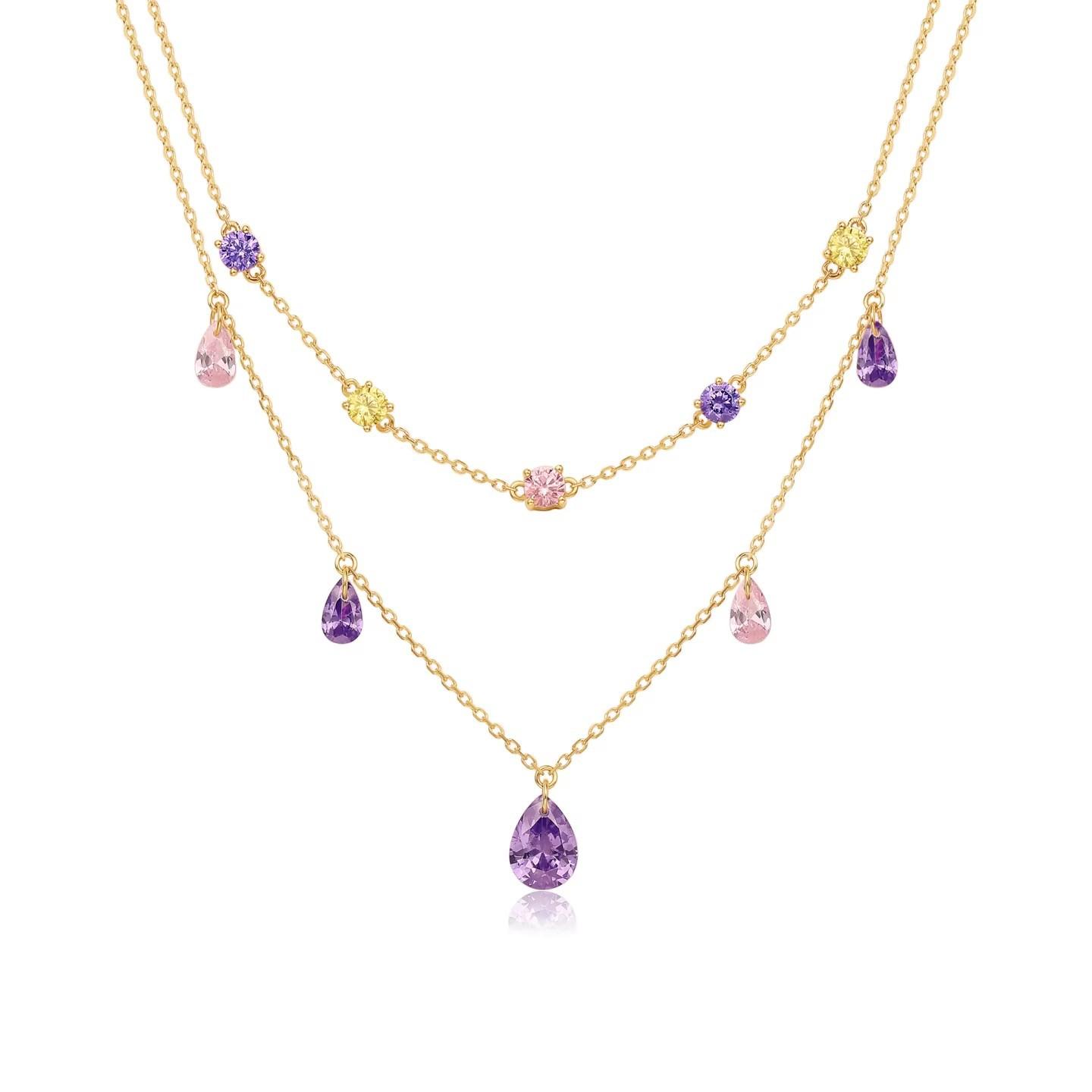 

2026 Vintage Dopamine Amethyst Swaying Purple Water Drop Zircon Pendant Necklace Female Double Layer Stacked Wear Color Treasure Simple Clavicle Chain 45CM