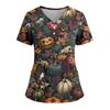 Women's Loose Short Sleeved Fashionable Halloween Print V-neck Buttonable Side Slit Top T-shirt