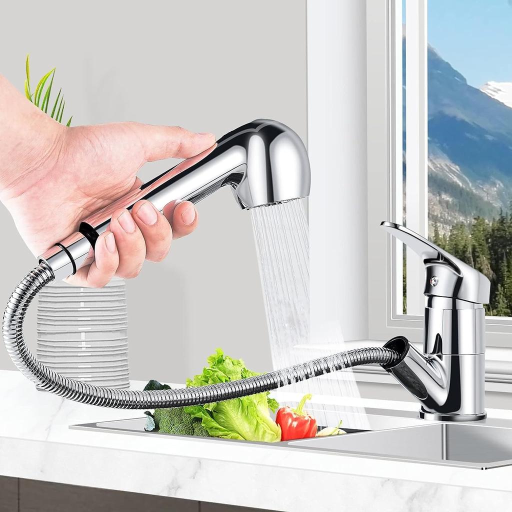 Pull-out Kitchen Faucet, 360° Rotating Kitchen Faucet, Sink Faucet with Column Outlet and Shower Outlet Kitchen 2 Modes, Single-handed Chrome Kitchen