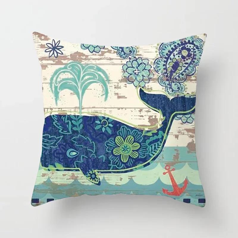 45X45CM Retro Mediterraner Ozean Druck Blau Grün Kissenbezug Heiß Meerjungfrau Fisch Kissenbezug Sofa Sitz Wohnzimmer Dekokissen
