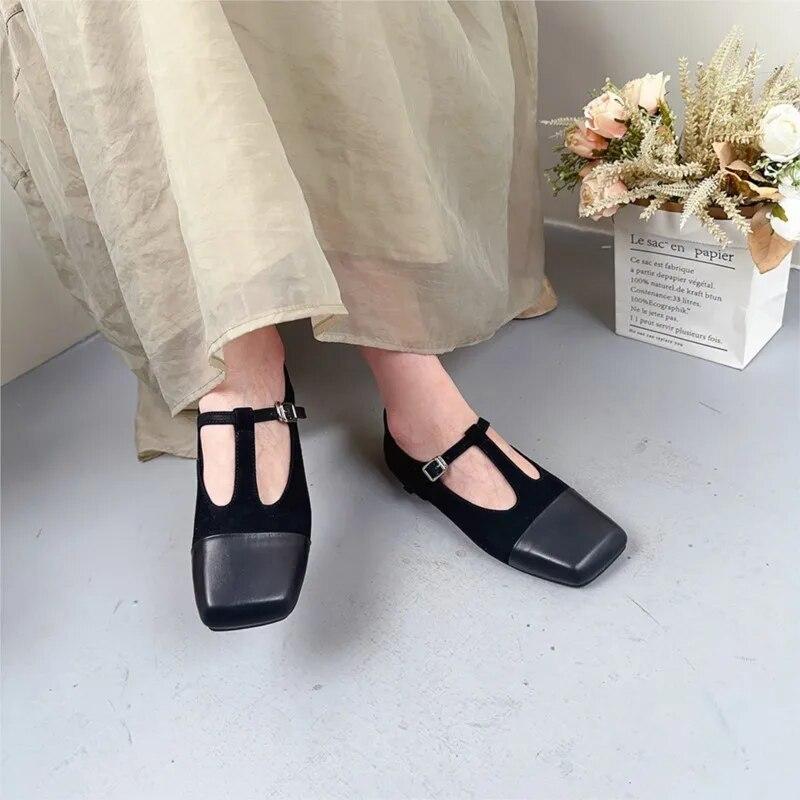 Johnature Square Toe Buckle Shallow Fashion Pumps Versatile Genuine Leather Women Low Heels Shoes