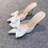 2025 Viral Pointed Thin Heel Bow Knot Backless Slip-On Mule Slippers Women Block Heels Lazy Half Slides