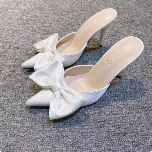 Fashion 2025 Viral Pointed Thin Heel Bow Knot Backless Slip-On Mule Slippers Women Block Heels Lazy Half Slides
