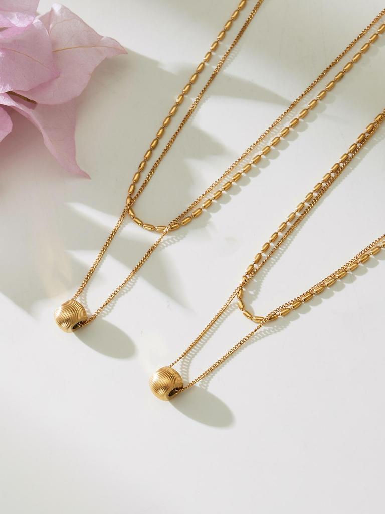 Qiong Yao 18K Gold Plated Double Layer Bead Carved Necklace with Clavicle Chain, Cold Style, Eco-Friendly Titanium Steel for Women.