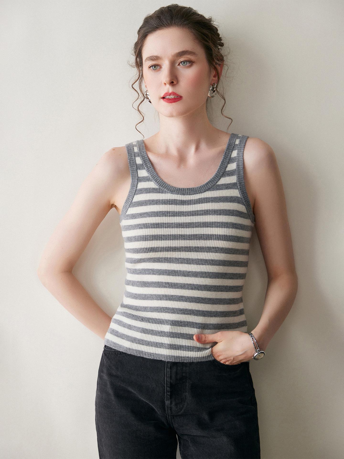 

Classic Striped Cashmere Women s Round Neck Slim Fit Vest - Spring & Autumn Collection Medium