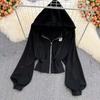 Black Zip-Up Hooded Sweatshirt Cardigan - Slim-Fit Waist-Hugging Back-to-School Top
