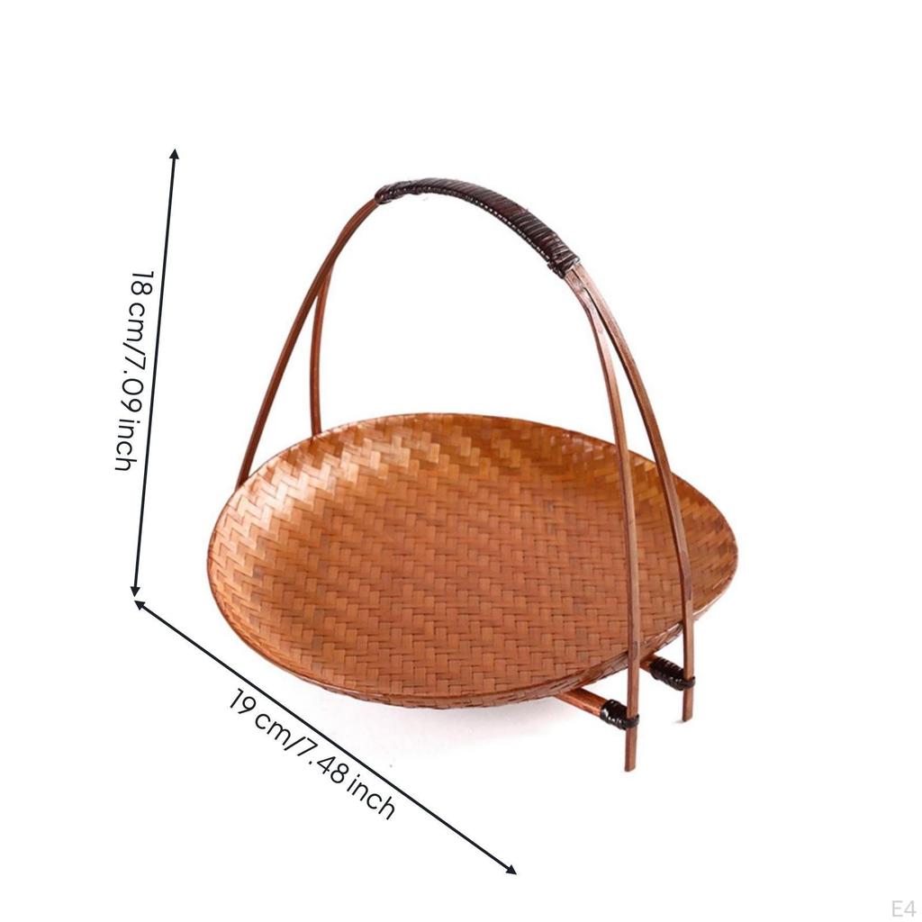 Woven Basket Tray with Stand Freestanding Bamboo Handle Decorative for