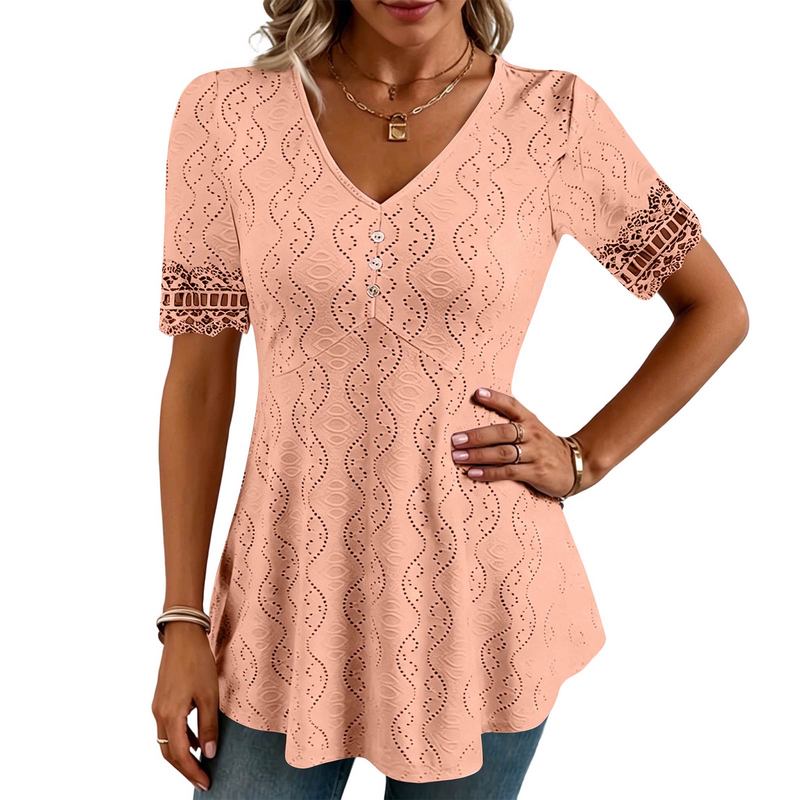 Women s Color V-neck Hollow Lace Fashionable Short Sleeved Top L