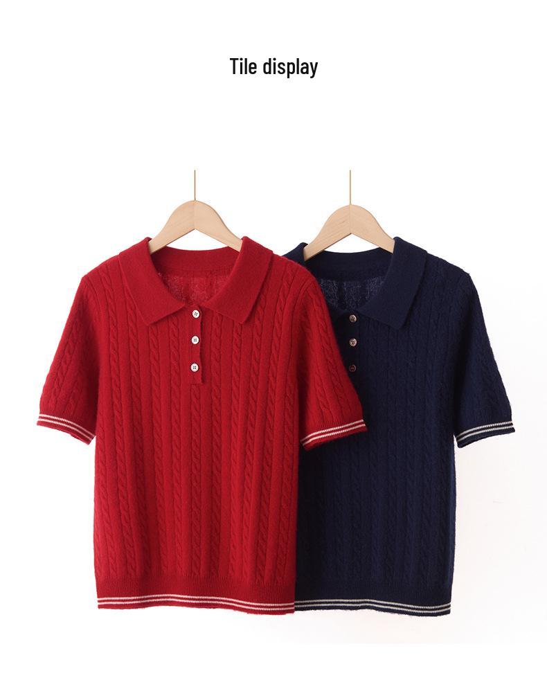 Women's Cashmere Lapel Stripe Patchwork Polo Pullover - Autumn/Winter Collection