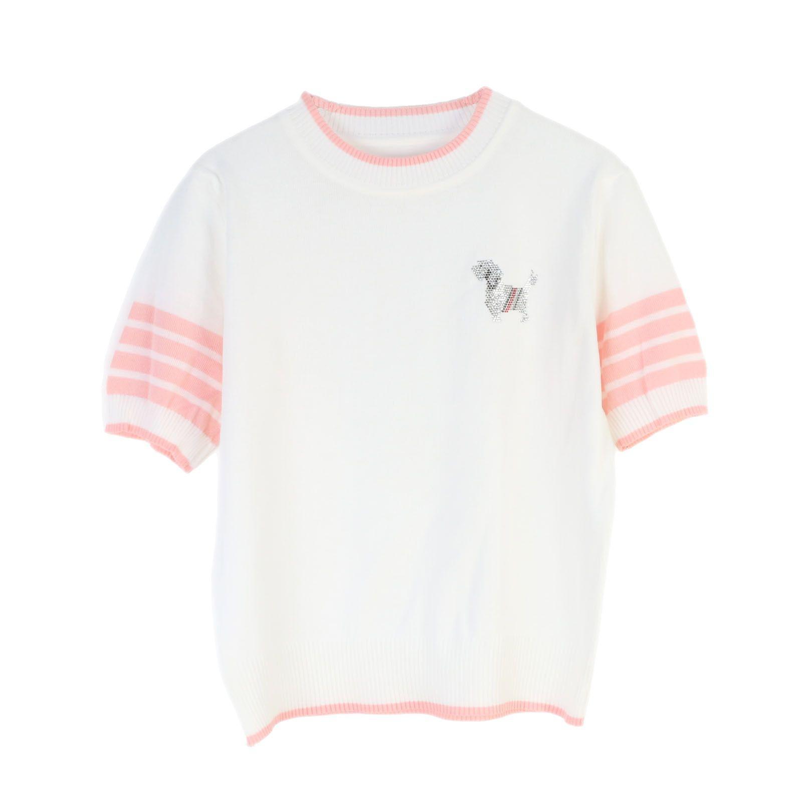 

Women s TB Short-Sleeve Knit Top with Rhinestone Puppy Design and Four Stripes M
