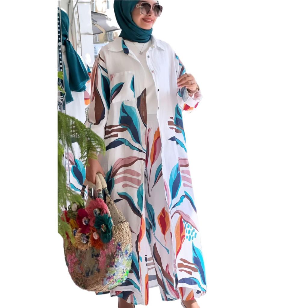 2024 Middle Eastern Fashion: Women's Print Long Cardigan & Wide-Leg Pants Two-Piece Set