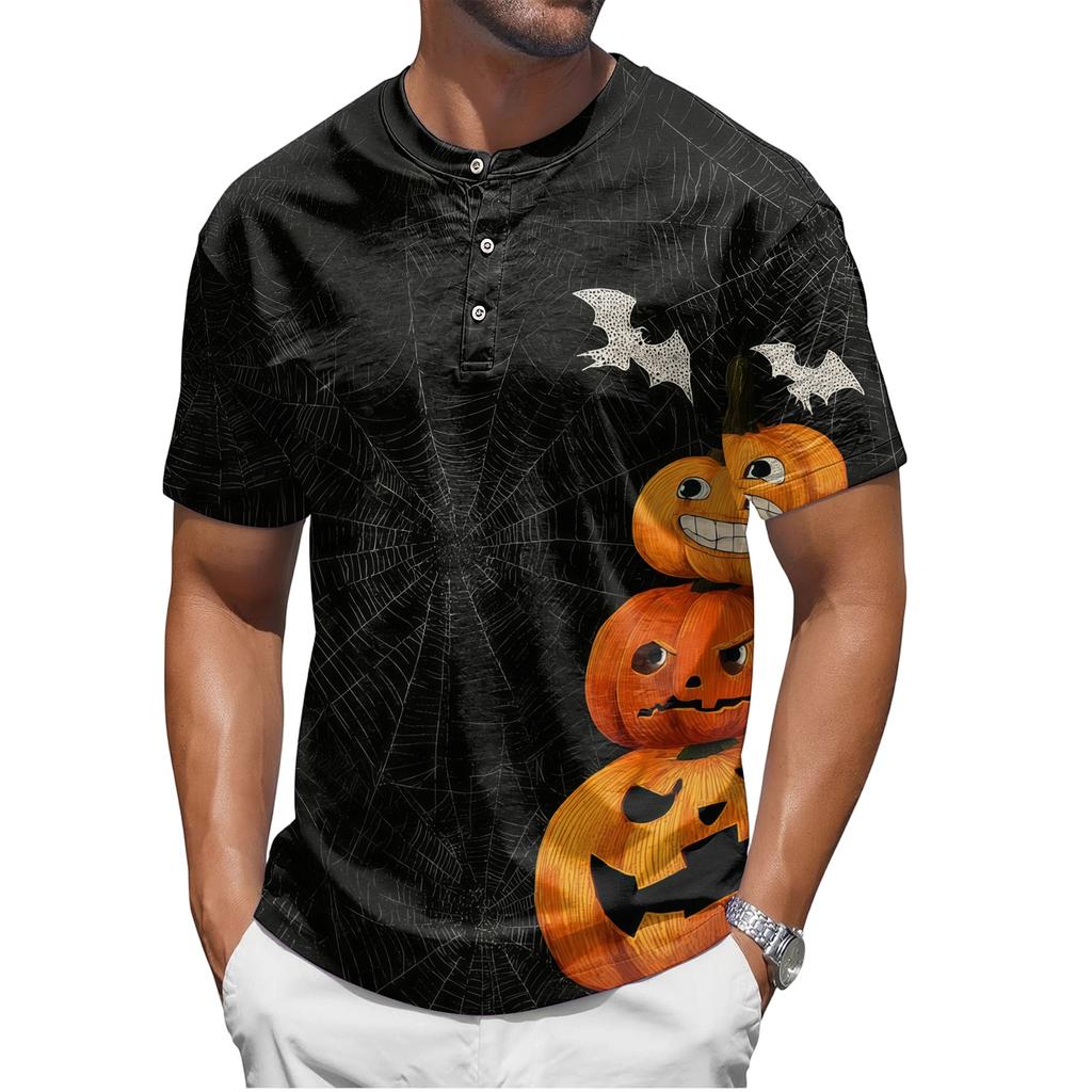 Men's Halloween Short Sleeve Henley Shirt Pumpkin Print Casual Lightweight Breathable Top with Buttoned Collar for Seasonal Wear