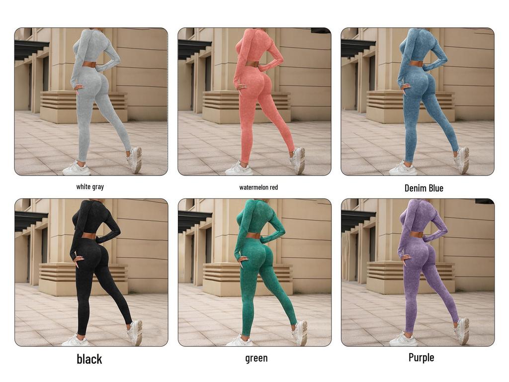 Women's European & American Washed Yoga Set: Long Sleeve Top and Slim Fit Pants, Two-Piece Fitness Outfit.