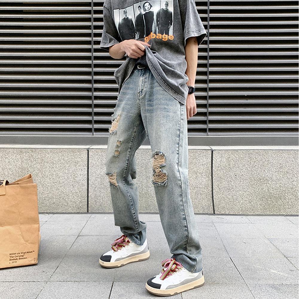 Men's Vintage Y2K Baggy Ripped Jeans Harajuku Denim Pants Quality Hip Hop Trousers Fall Korean Autumn Clothes Jeans For Men