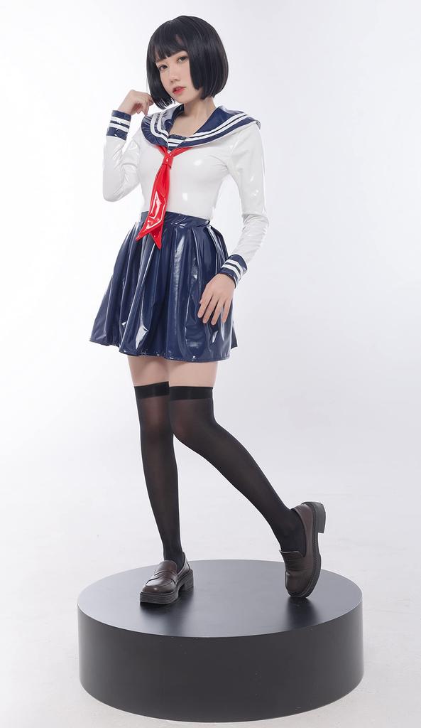 [LOST-G] Mundurek szkolny dla dziewcząt, strój marynarski z długim rękawem, cosplay, dla pań, biały, z granatowym kołnierzykiem w podwójne paski, uroczy, PU laser (L, BIAŁY&GRANATOWY)