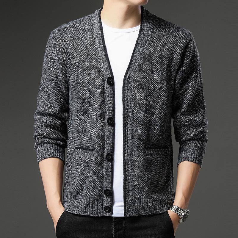 Men's Autumn/Winter Plus Velvet V-Neck Long Sleeve Cardigan Sweater