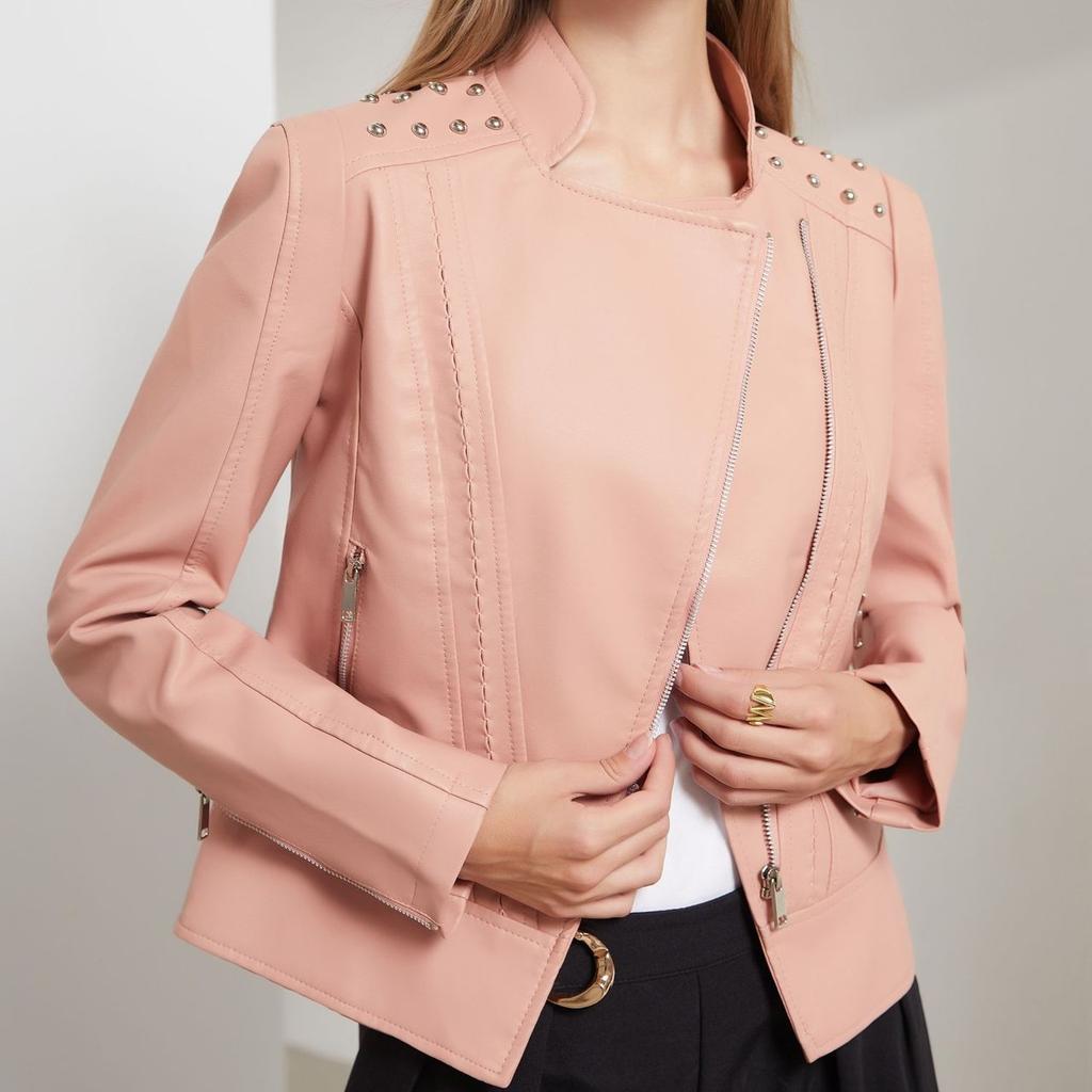 GMXIA Women's Solid Color Print Beaded Leather Motorcycle Suit Thin Spring and Autumn Long Sleeve Jackets & Coats