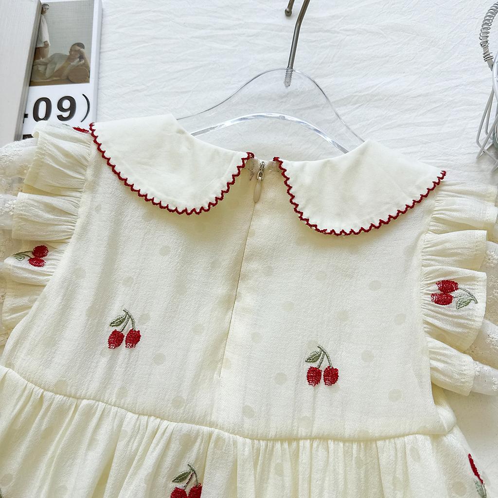 Sommer Mädchen Kirschstickerei Puppenkragen Prinzessinnenkleid Süß Niedlich Stilvoll Baumwolle Partykleid für Kinder
