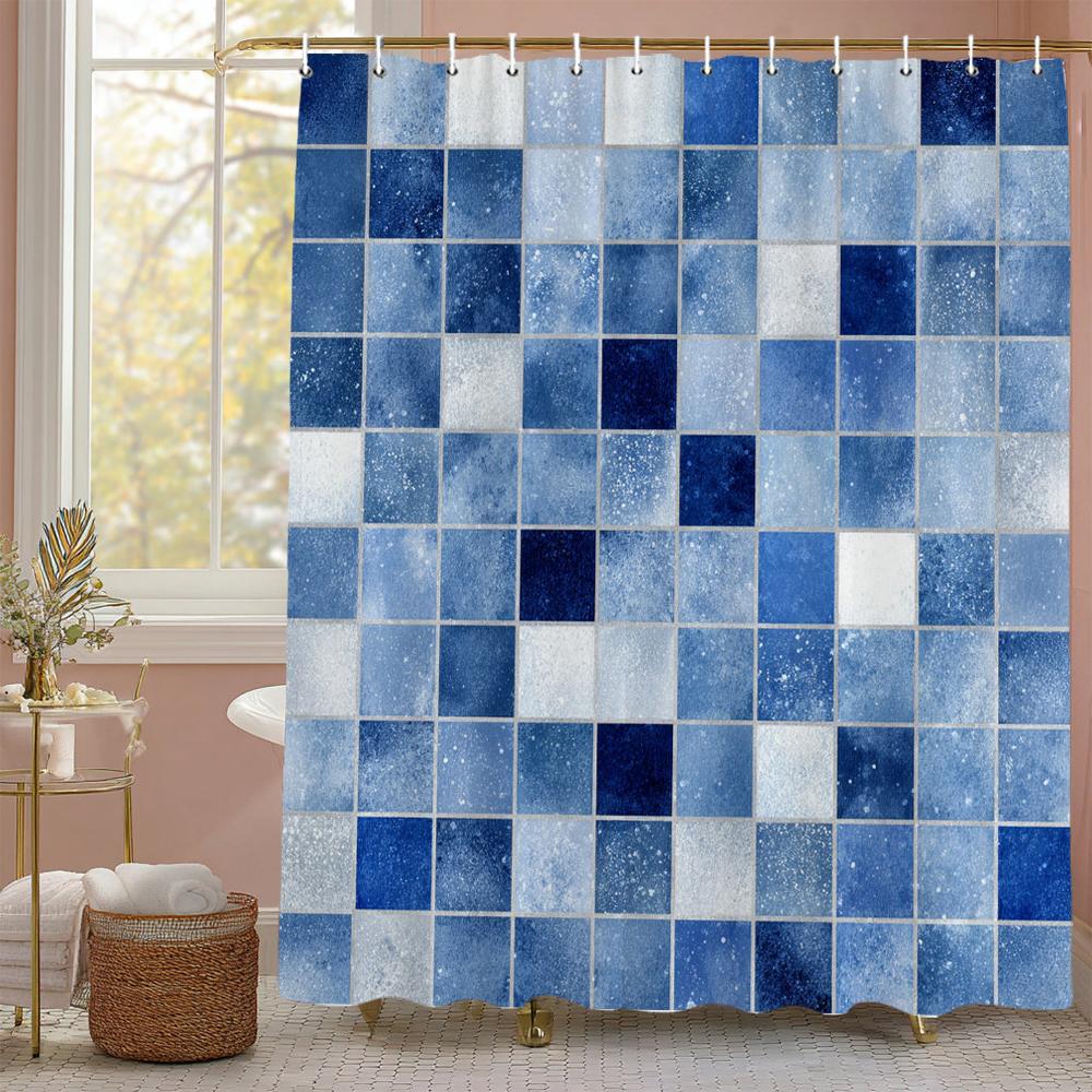 Modern Creative Geometric Pattern Blue Shower Curtain, Bathroom Decorative Shower Curtain, Waterproof Shower Curtain with Hooks
