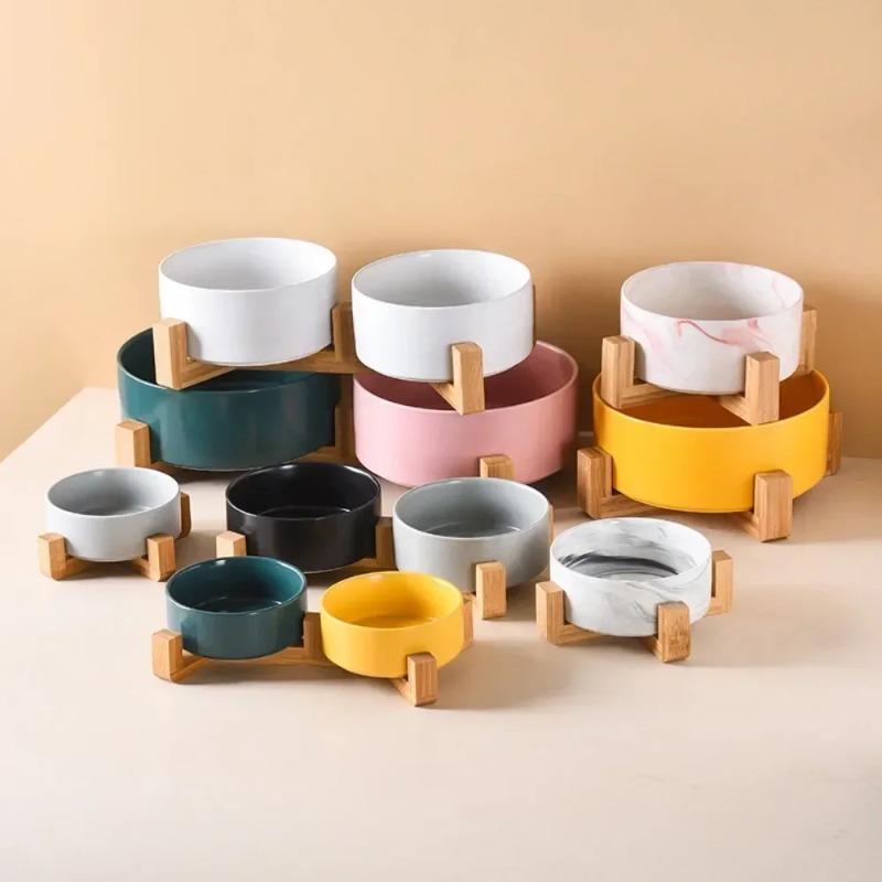 Cat bowl cerami double bowl water bowl integrated wooden rack protects cervical spine high-legged dog bowl dog bowl