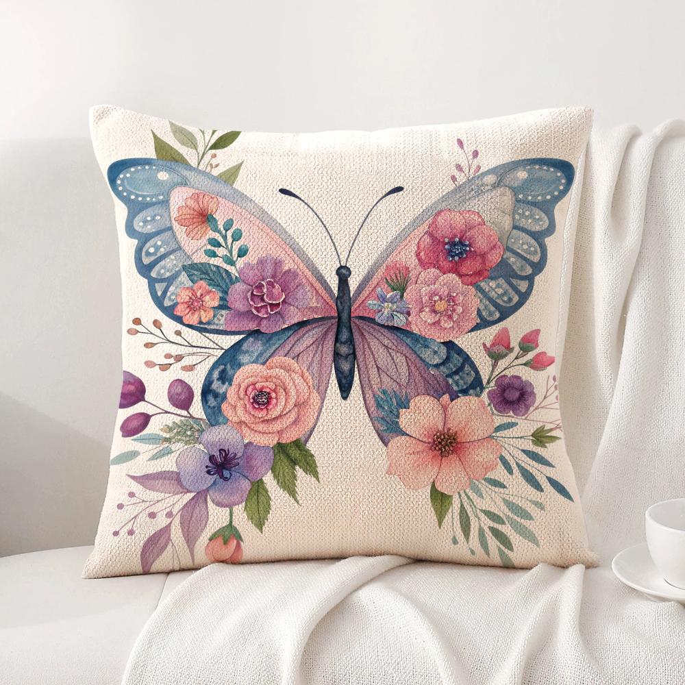 Watercolor butterflyflower Cushion Cover Natural Linen Organic Fabric DoubleSided Printing Sofa Home Decor Gift Pillow Cover