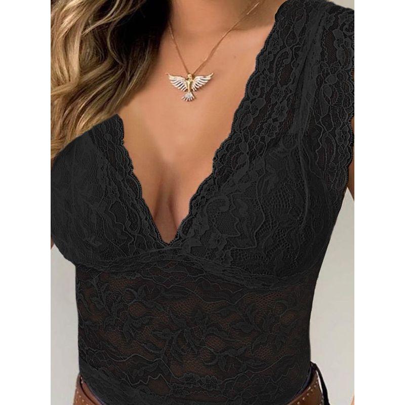 European and American Women's Clothing Sleeveless Lace Deep V Neck Tight Jumpsuit Sleeveless Lace Deep V Jumpsuit