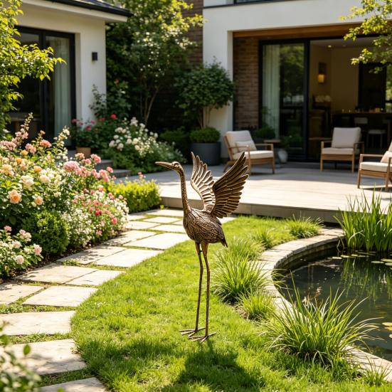 Statua Metallica Design Airone, Decorazione Artistica in Metallo Fatta a Mano per Giardino, Scultura da Giardino Resistente alle Intemperie per Patio Esterno Prato Laghetto Regalo
