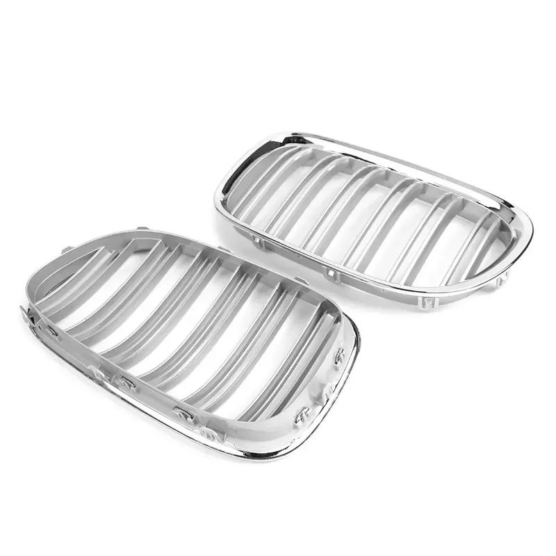 1 Pair Double Line Gloss Silver Car Front Bumper Sport Grilles Kidney Racing Grill Fit For BMW 7 Series F01 F02 2009-2015