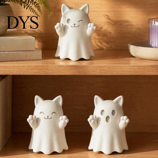 Collectible Art Figures 3D Printed Cute Ghost Cat Figurine, Wink Smile Surprise Spooky Halloween Decor, Desktop Micro Landscape Ornaments Blank White