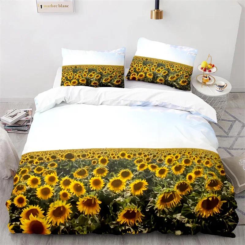 Sunflower Duvet Cover Botanical Floral Leaves Comforter Cover Twin King Size For Girl Women Microfiber Yellow Flower Bedding Set