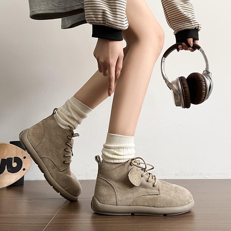 New Winter Women Faux Suede Short Boots Lace Up Female Casual Shoes Soft Camel Suede PU Upper Flat Sole Ankle Boots Solid Color