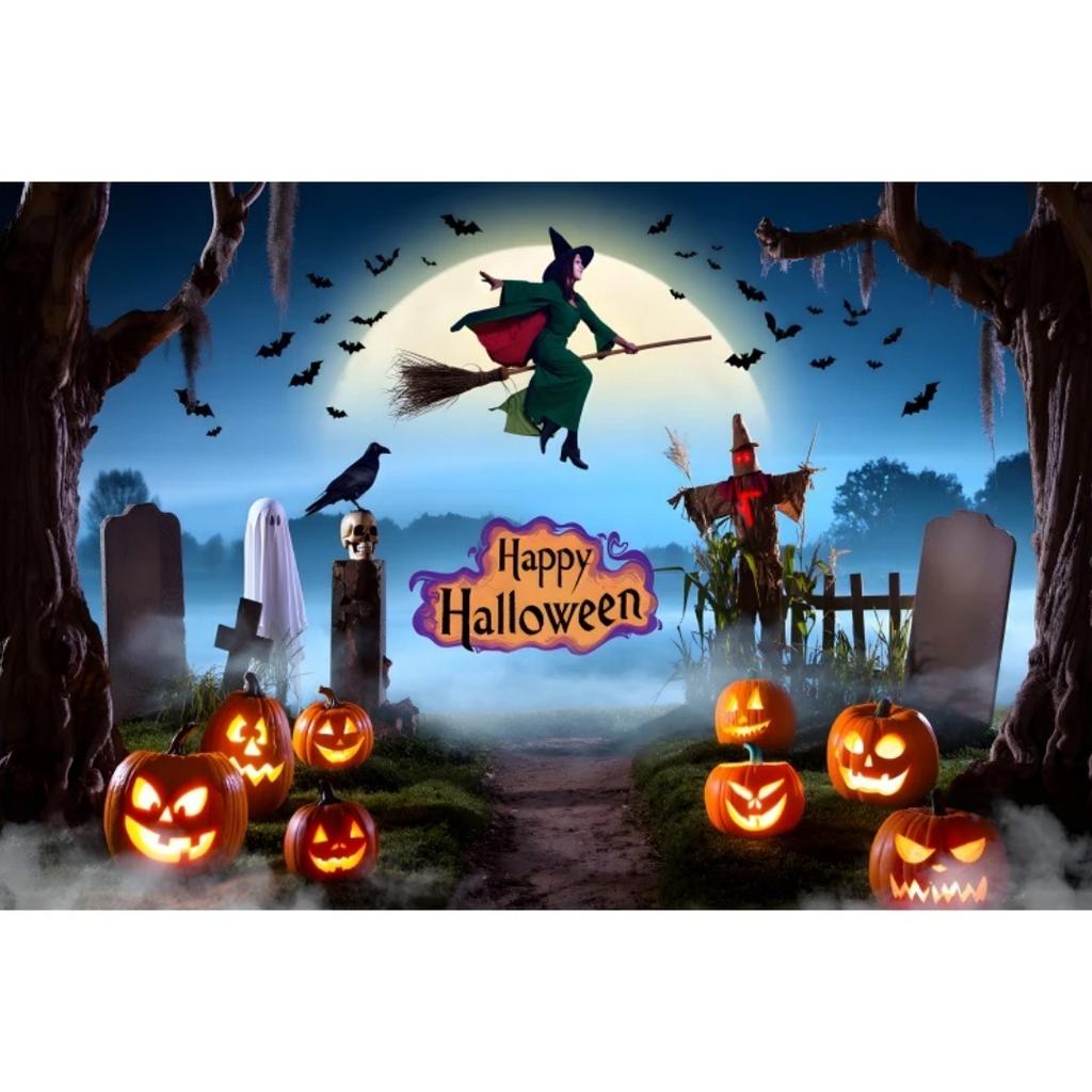 1pc Daek Blue Halloween Party Backdrop Night Moon Witch Pumpkin Dustproof Banner for Halloween Theme Party Background Decoration