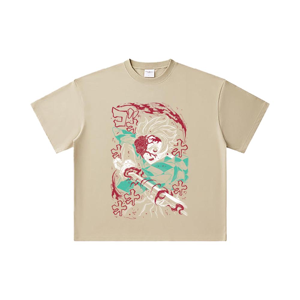 260 GSM Double Yarn 32 Count 100% Cotton Demon Slayer V41 Demon Tanjiro Print Unisex Heavy Cotton T Shirt