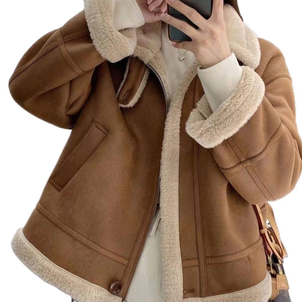 Dámská podzimní/zimní tlustá motorkářská bunda z umělé jehněčí vlny